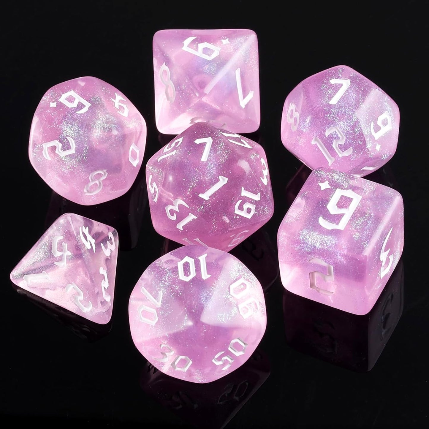 Enchanted Sparkle Dice Set - Pink with Iridescent Glitter (7 Dice)