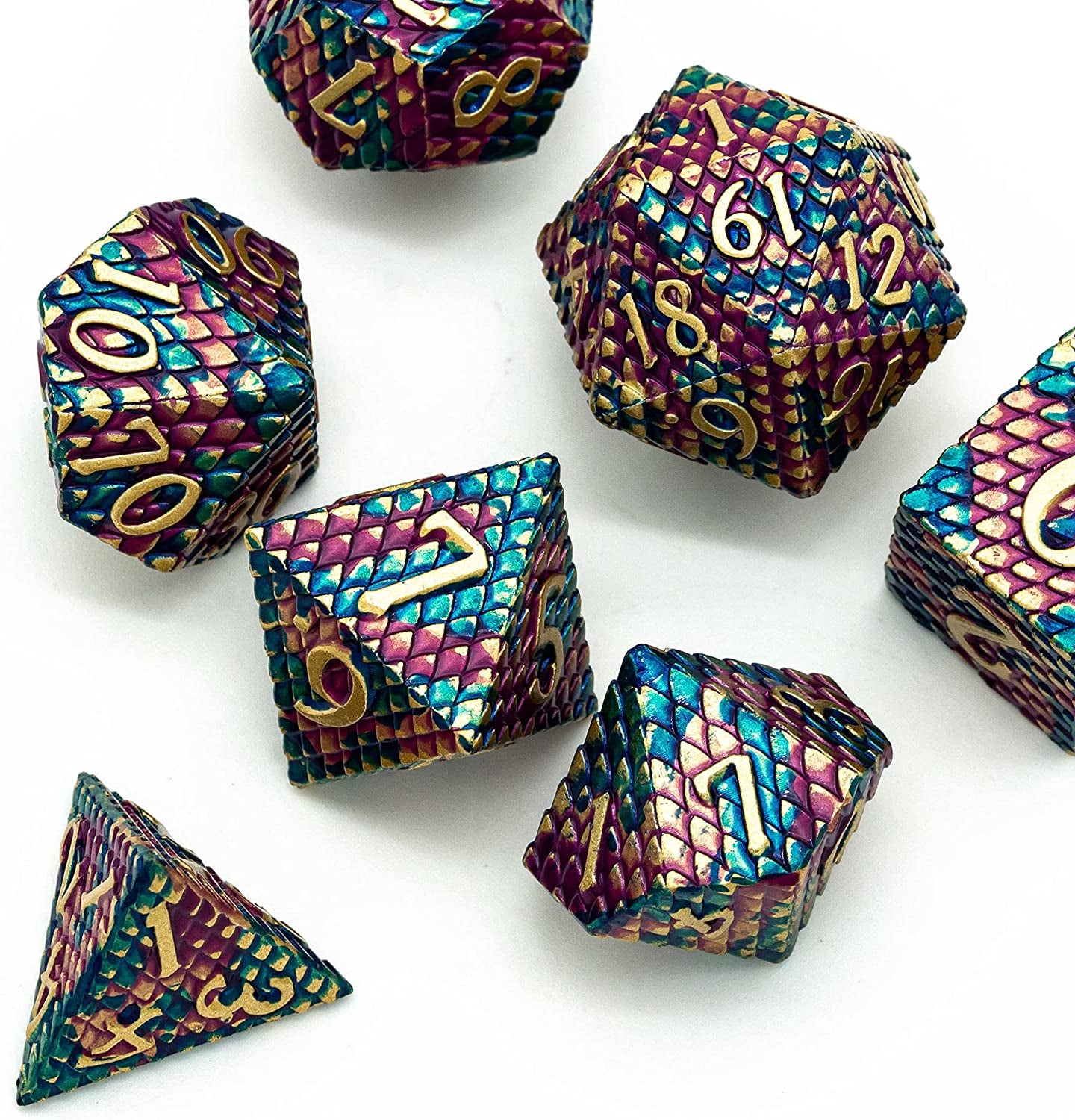 Dragon Scale Dice Set - Purple and Blue Scales with Golden Numbers (7 Dice)