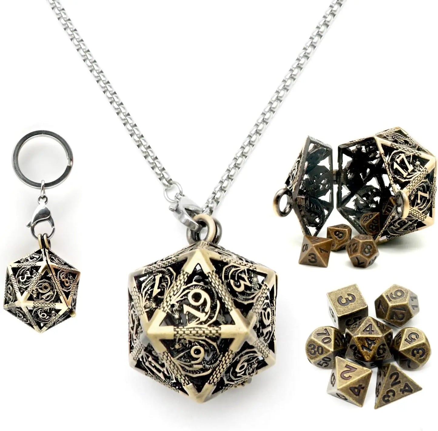 D20 Keychain Necklace w/ Full Dice Set Inside 