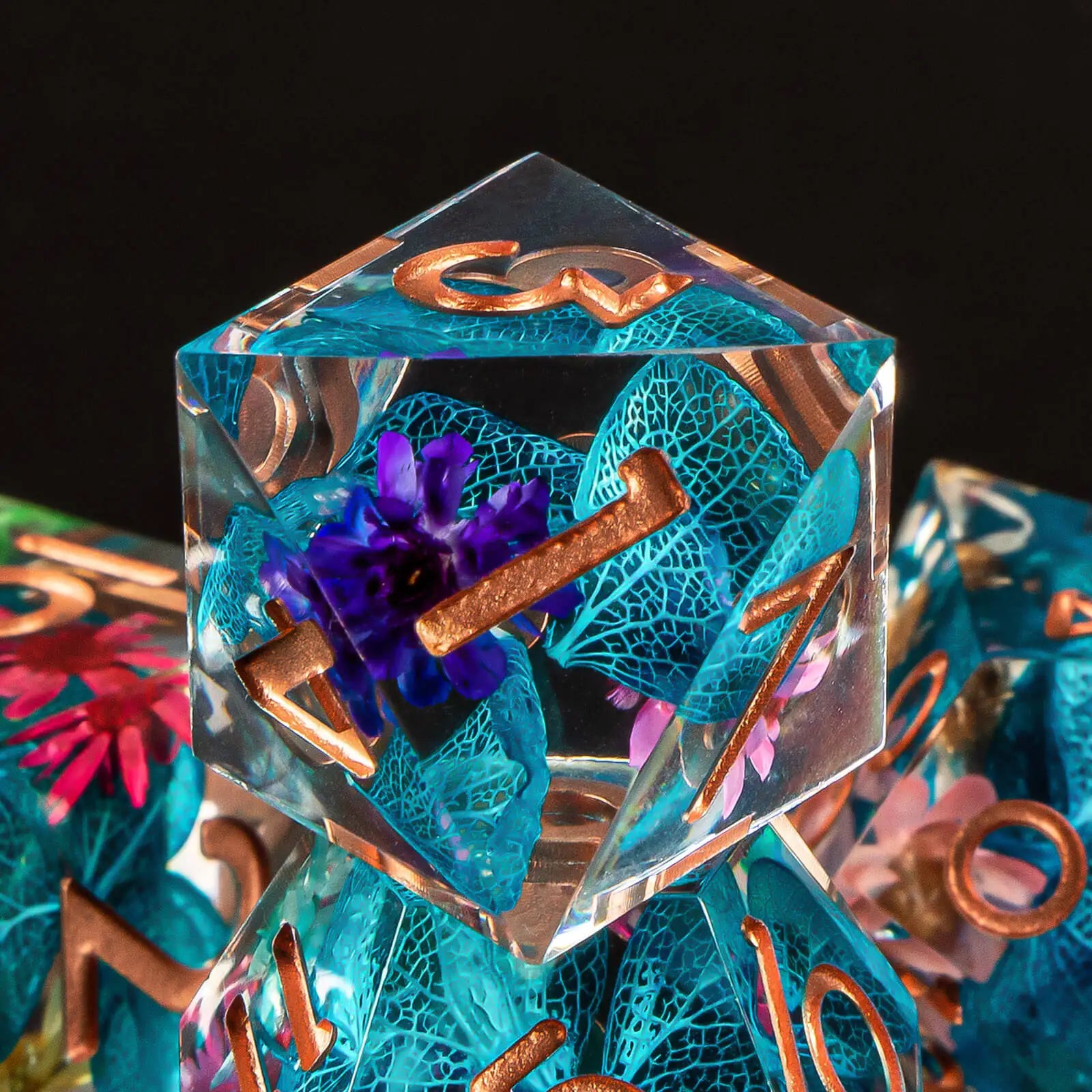 Blue Flower Resin Dice Set - Sharp Edges, Perfect Weight (7 Dice)