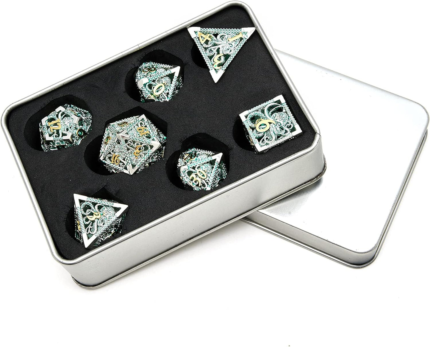 Kraken’s Embrace Hollow Metal Dice Set - Intricate Green Design (7 Dice)