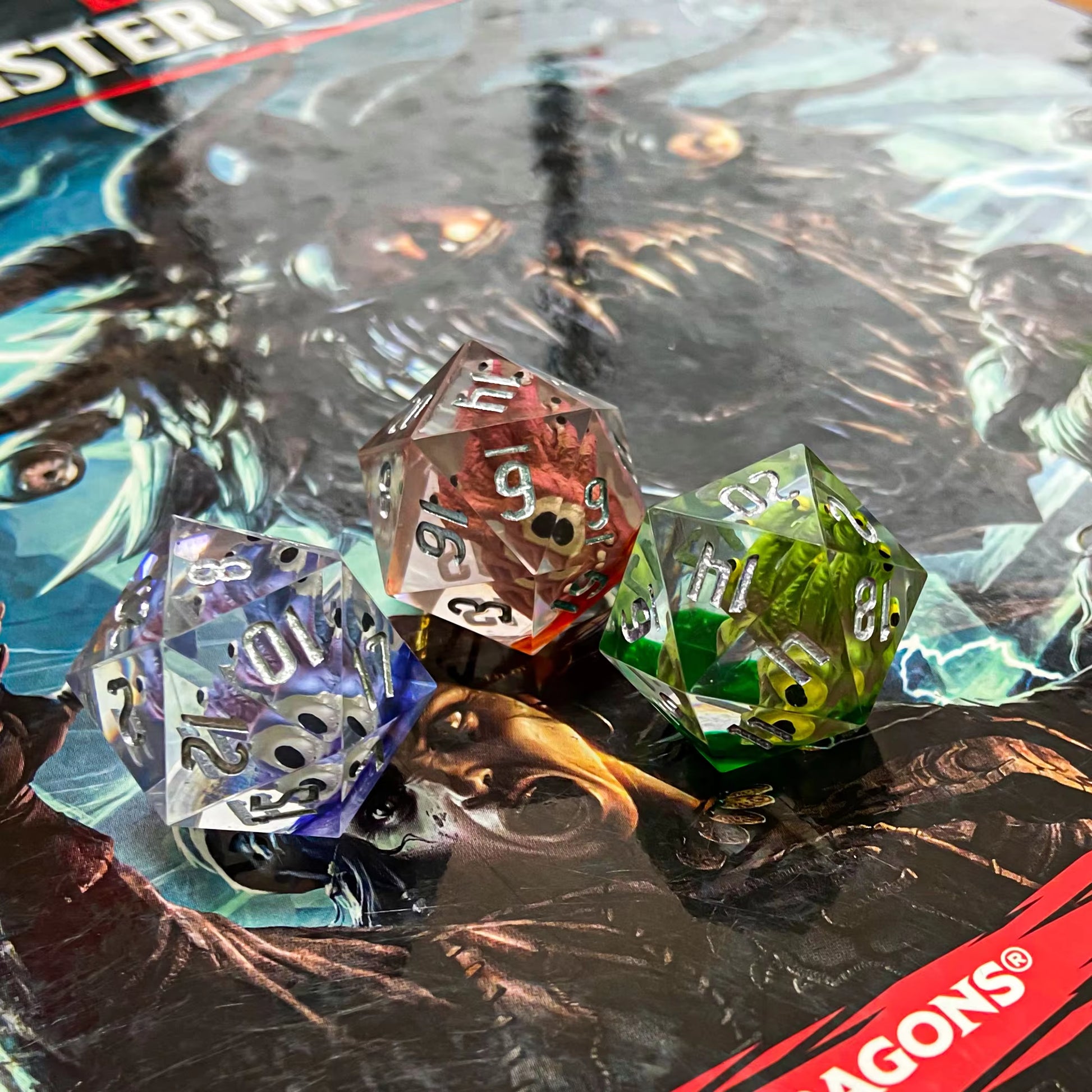 Finger Monster D20 - 22mm Sharp-Edged Dice - Red, Green, and Blue versions Available