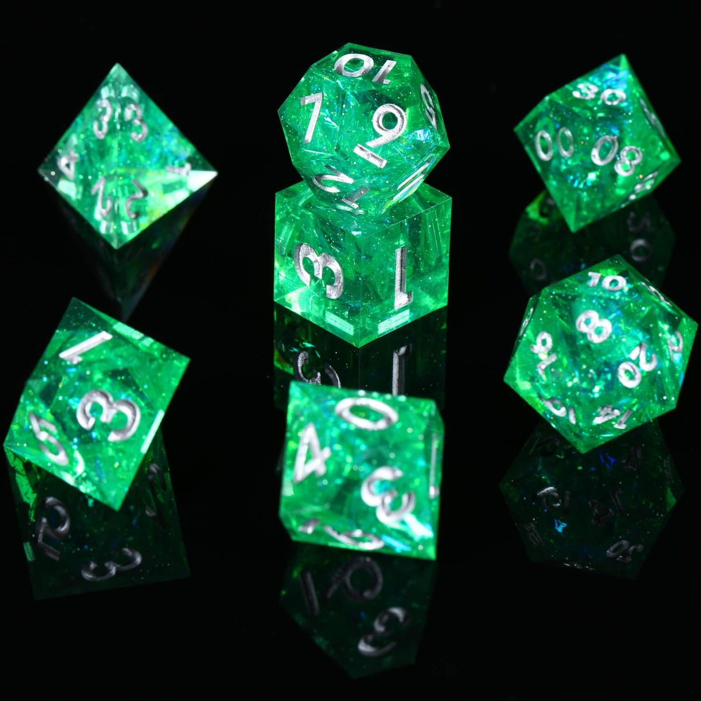 Emerald Dice Set - Sharp Edges for Precise Rolls; Custom Resin Dice Set (7 Dice)