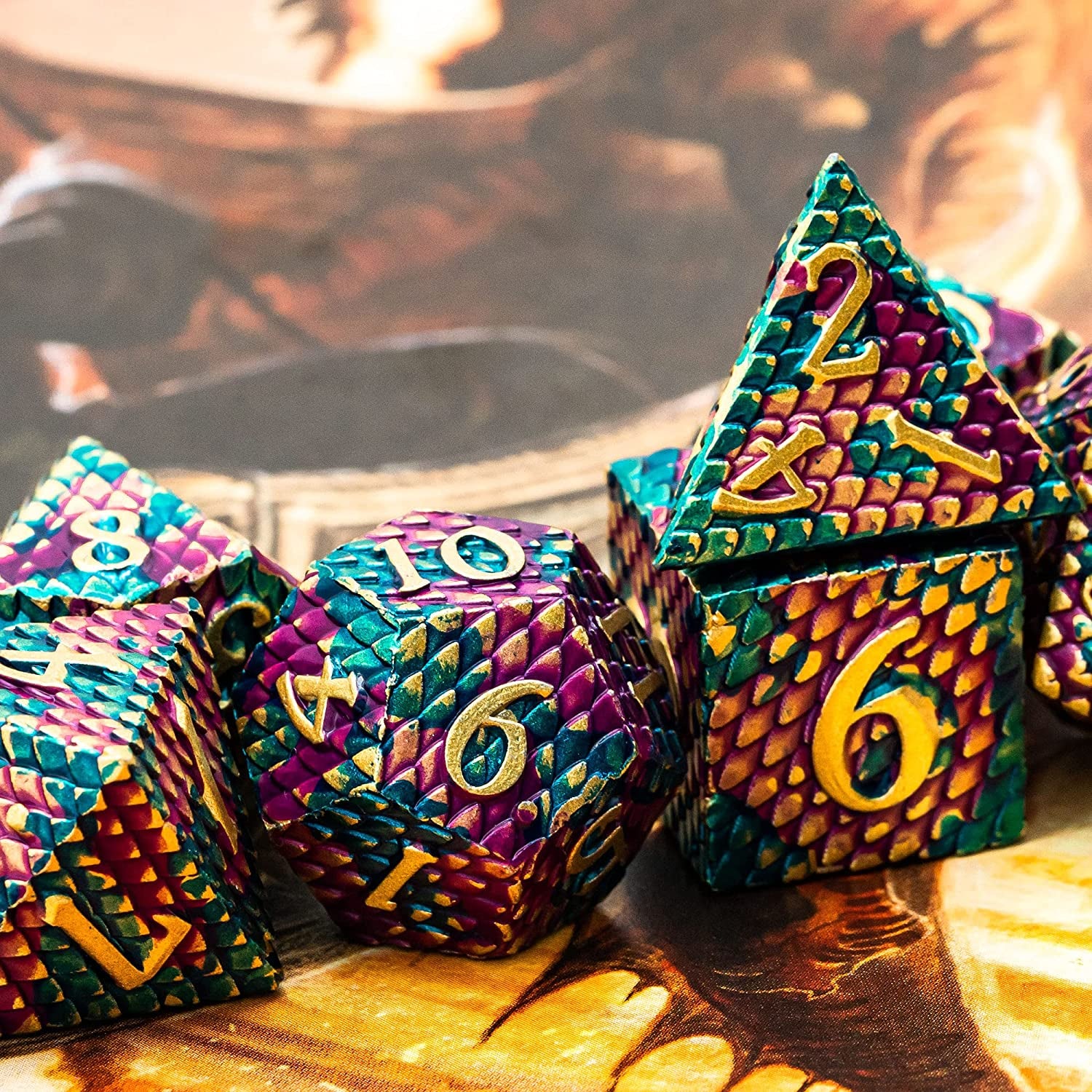 Dragon Scale Dice Set - Purple and Blue Scales with Golden Numbers (7 Dice)