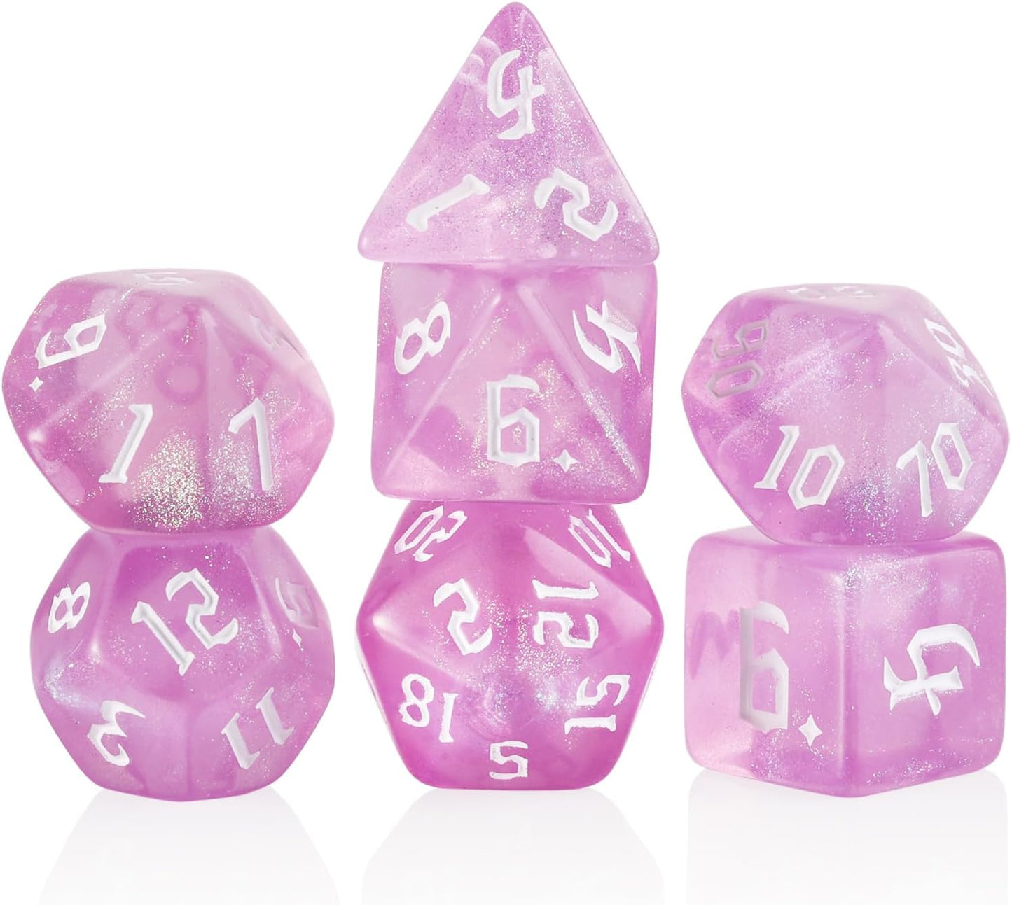 Enchanted Sparkle Dice Set - Pink with Iridescent Glitter (7 Dice)