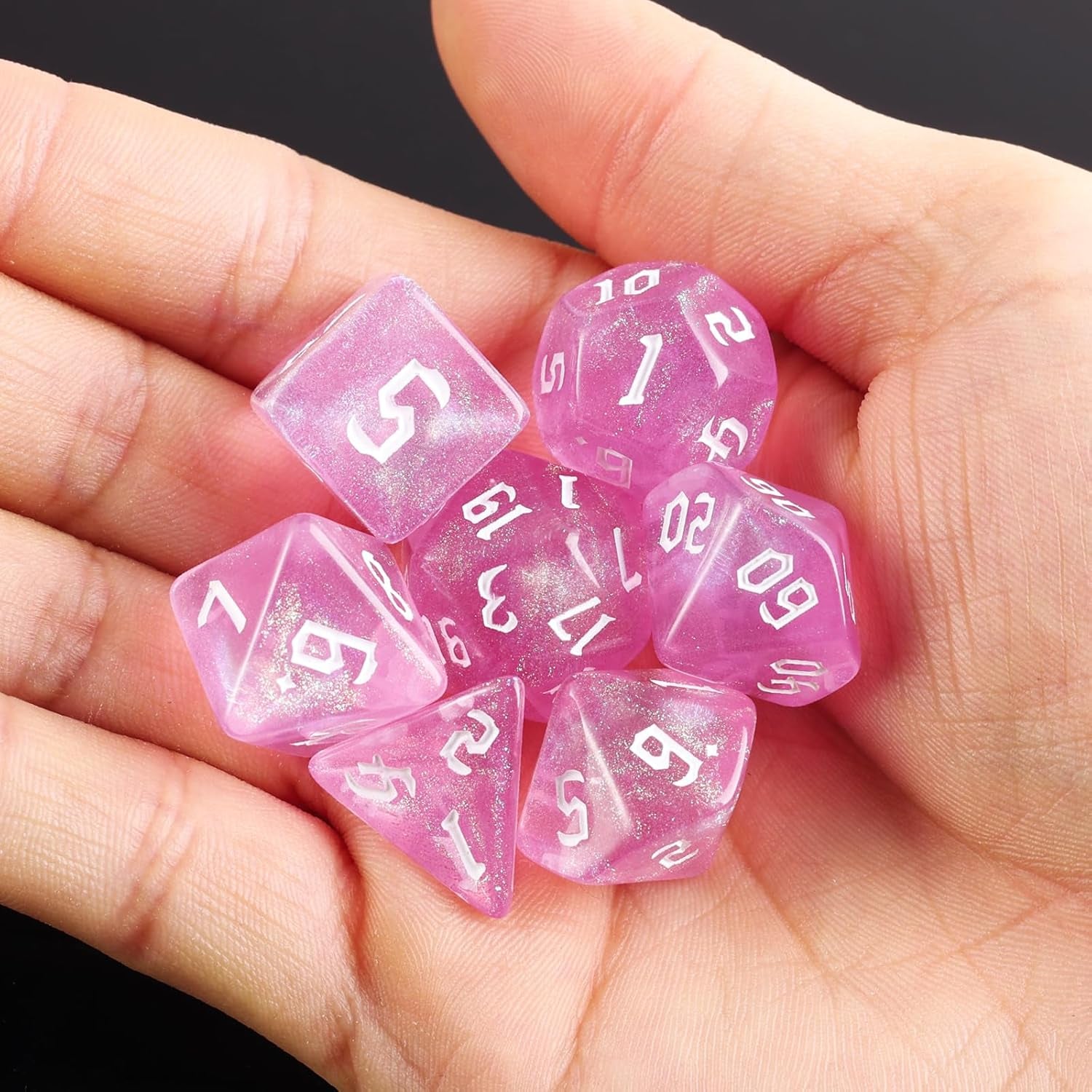 Enchanted Sparkle Dice Set - Pink with Iridescent Glitter (7 Dice)