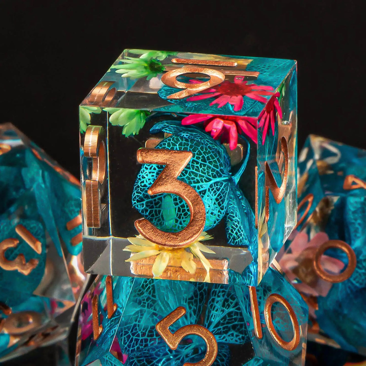 Blue Flower Resin Dice Set - Sharp Edges, Perfect Weight (7 Dice)