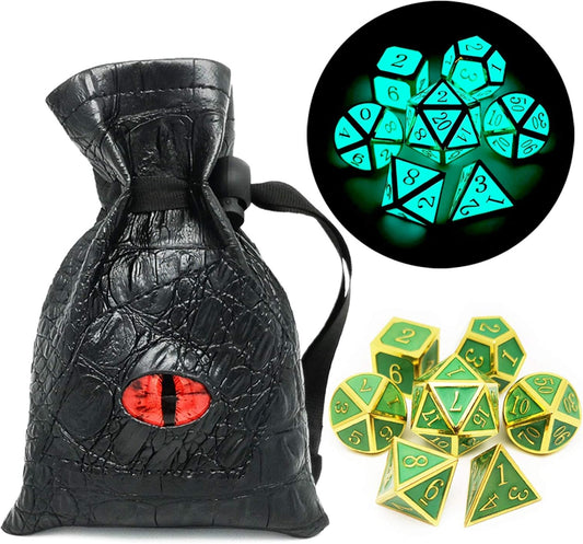 Eldritch Glow Dice Set - Green and Gold Glow-in-the-Dark with Eyeball Bag (7 Dice)