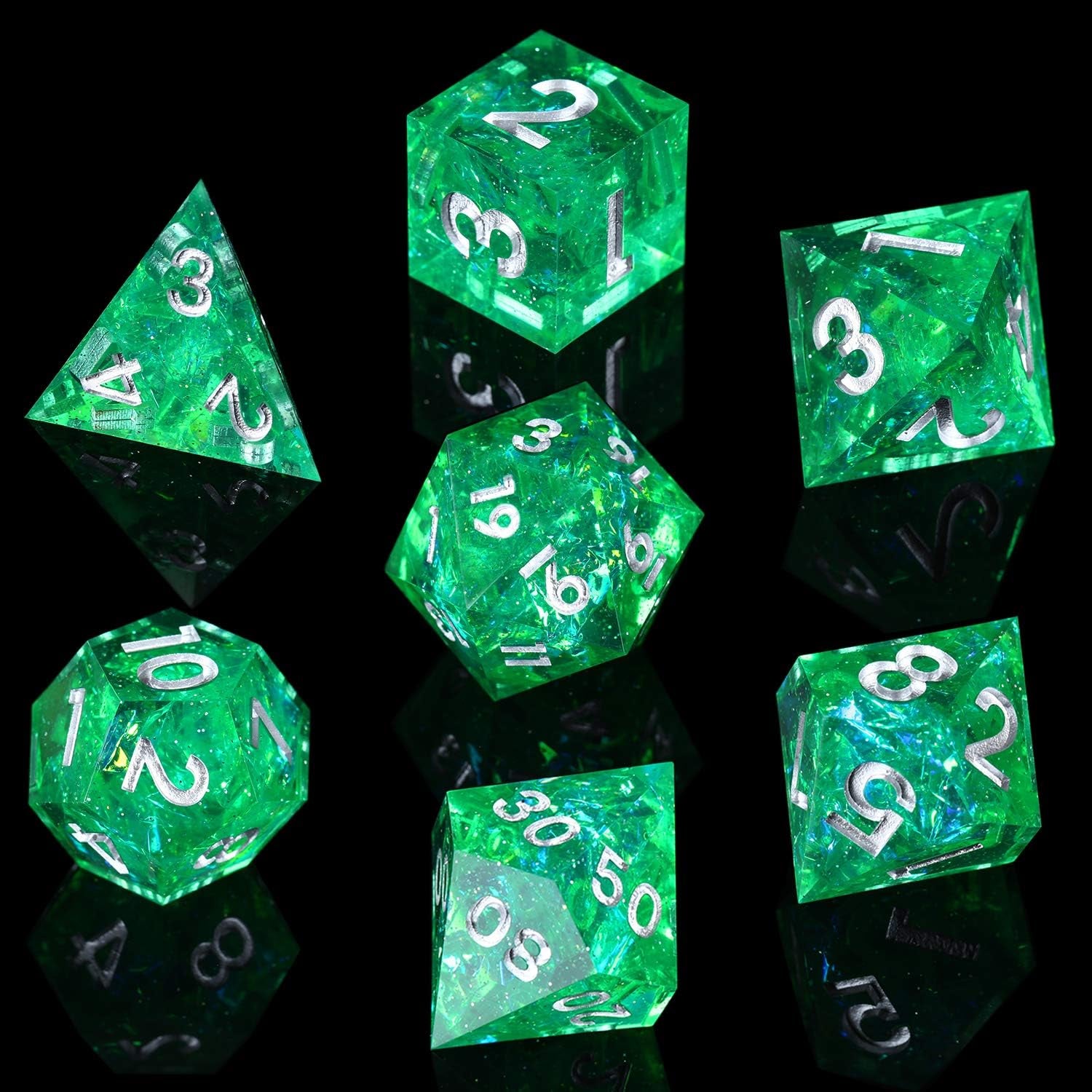 Emerald Dice Set - Sharp Edges for Precise Rolls; Custom Resin Dice Set (7 Dice)