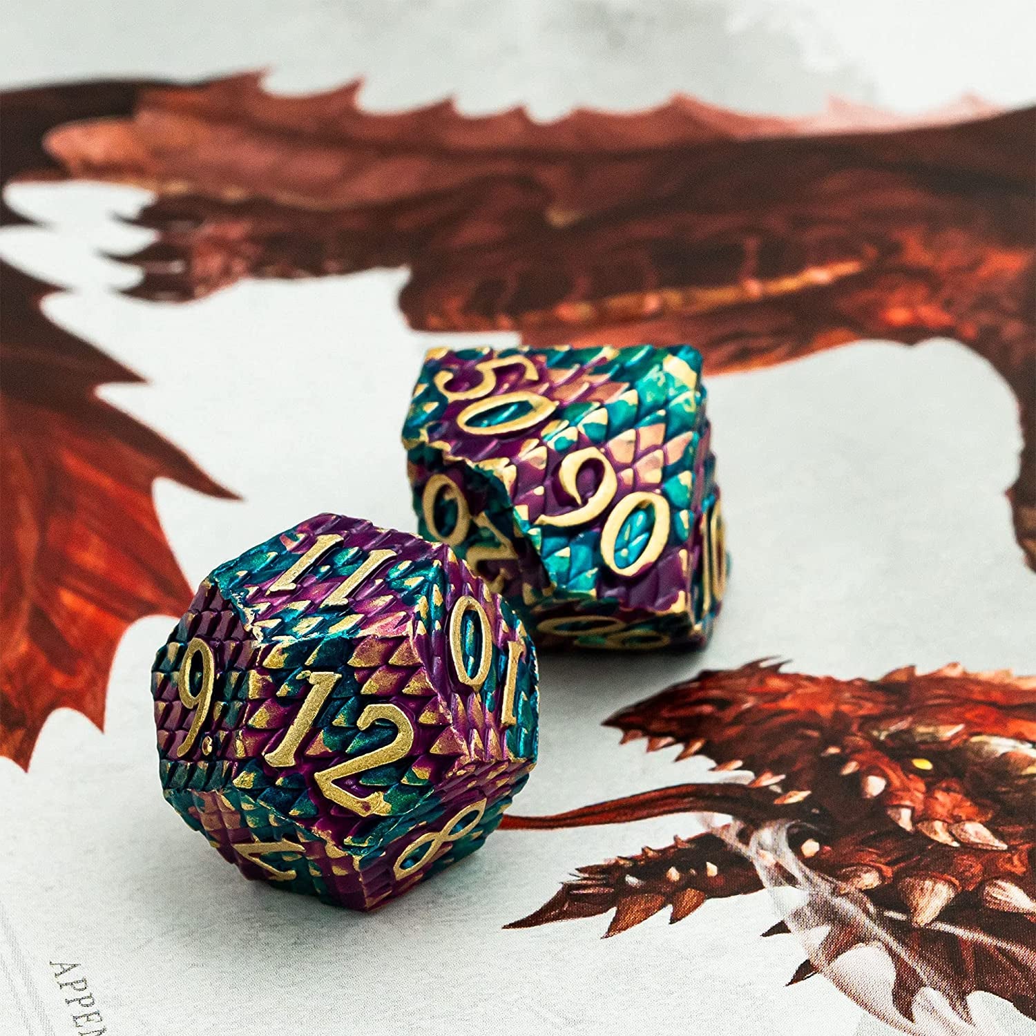 Dragon Scale Dice Set - Purple and Blue Scales with Golden Numbers (7 Dice)