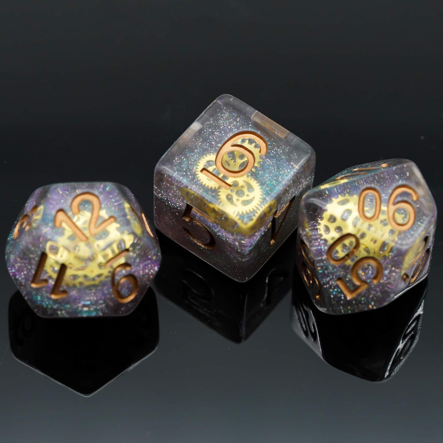 Celestial Clockwork Dice Set - Galaxy and Golden Gears Resin Dice (7 Dice)