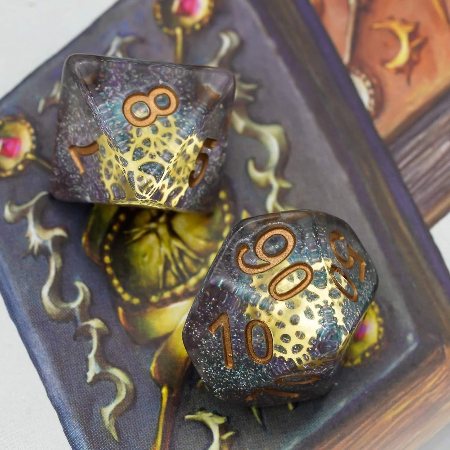 Celestial Clockwork Dice Set - Galaxy and Golden Gears Resin Dice (7 Dice)