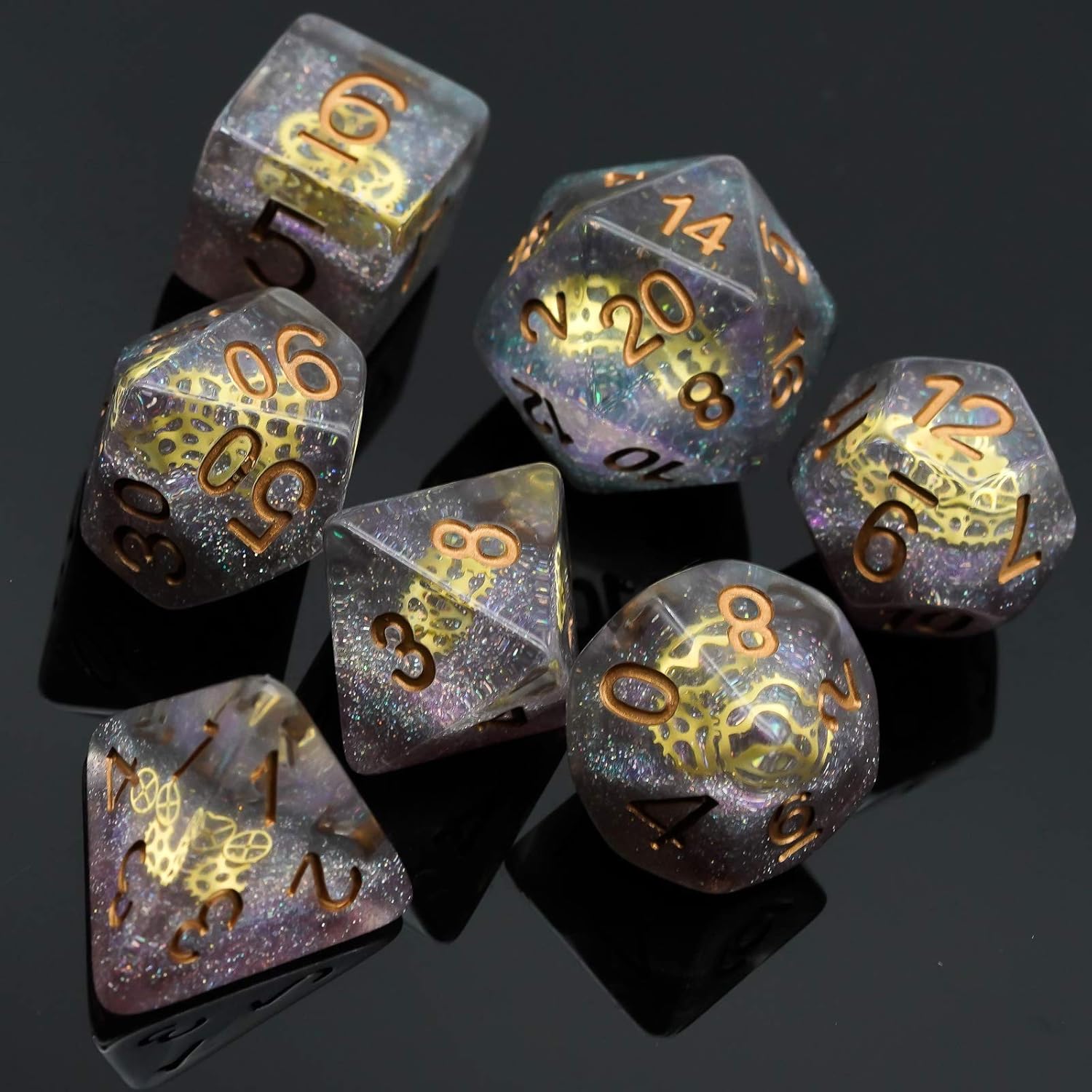 Celestial Clockwork Dice Set - Galaxy and Golden Gears Resin Dice (7 Dice)