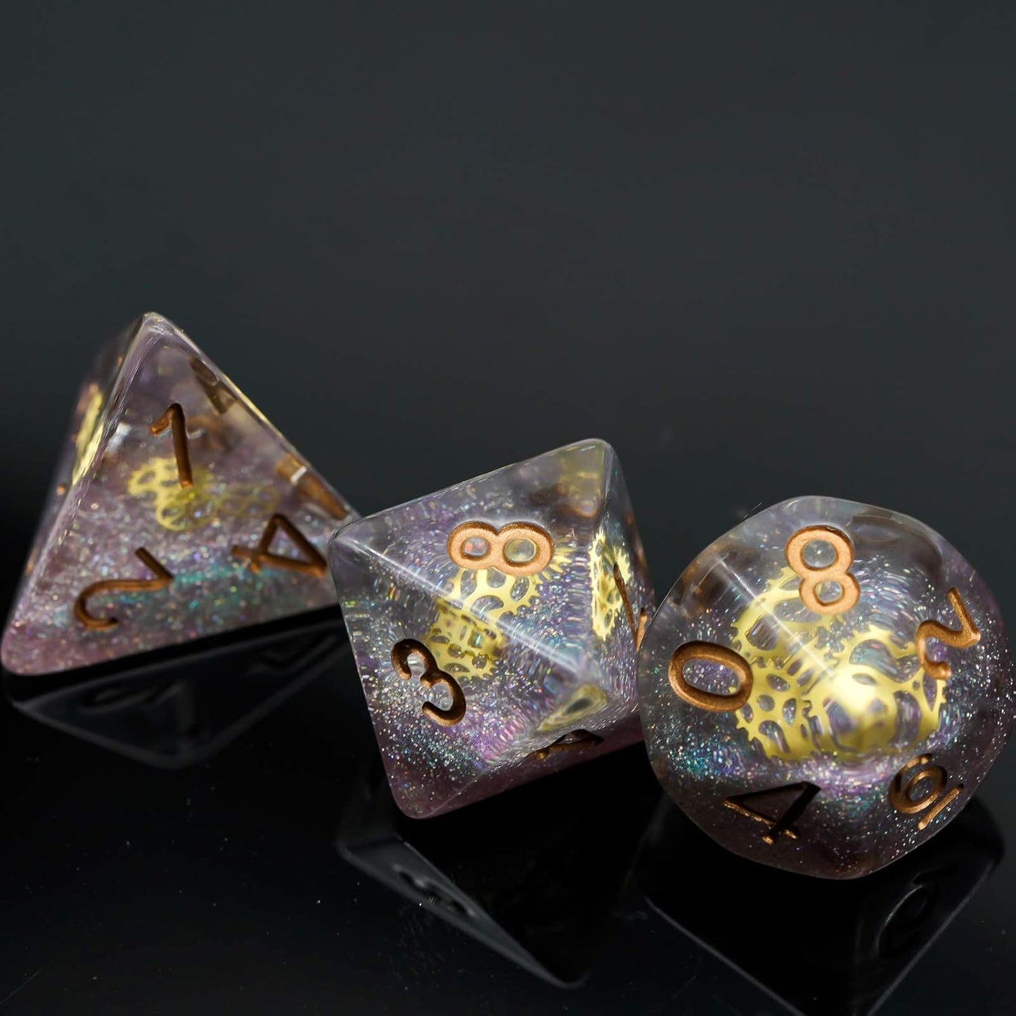 Celestial Clockwork Dice Set - Galaxy and Golden Gears Resin Dice (7 Dice)