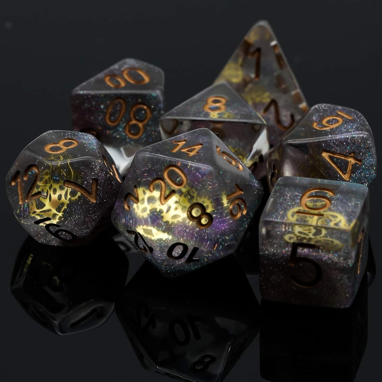 Celestial Clockwork Dice Set - Galaxy and Golden Gears Resin Dice (7 Dice)