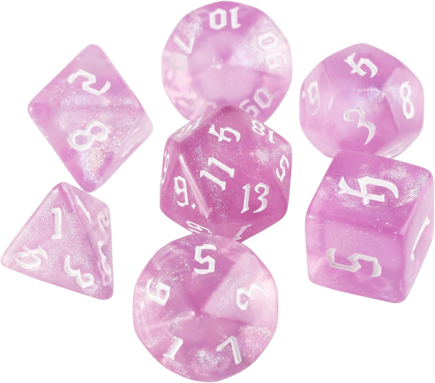 Enchanted Sparkle Dice Set - Pink with Iridescent Glitter (7 Dice)