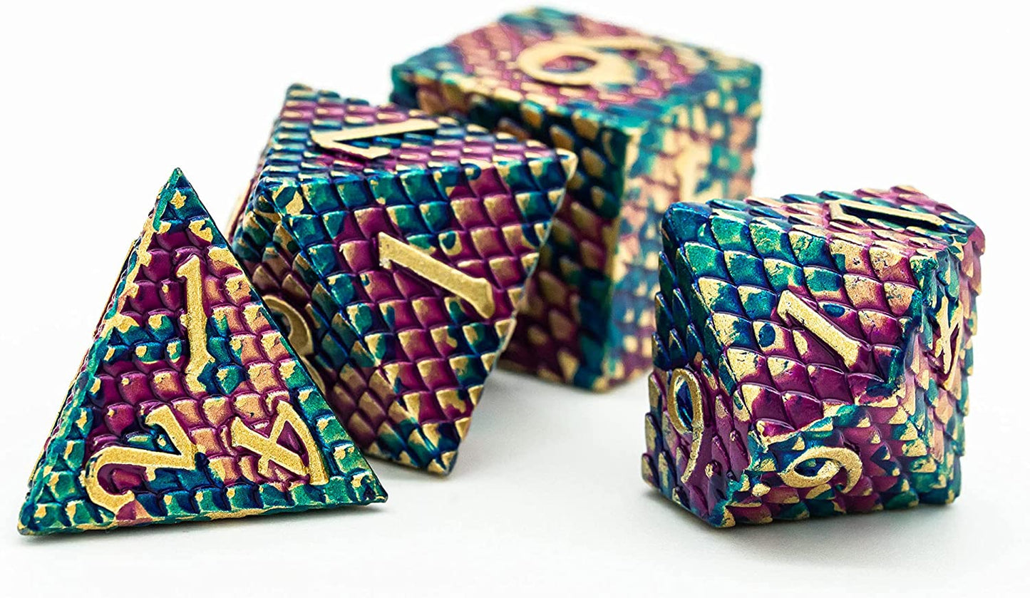 Dragon Scale Dice Set - Purple and Blue Scales with Golden Numbers (7 Dice)