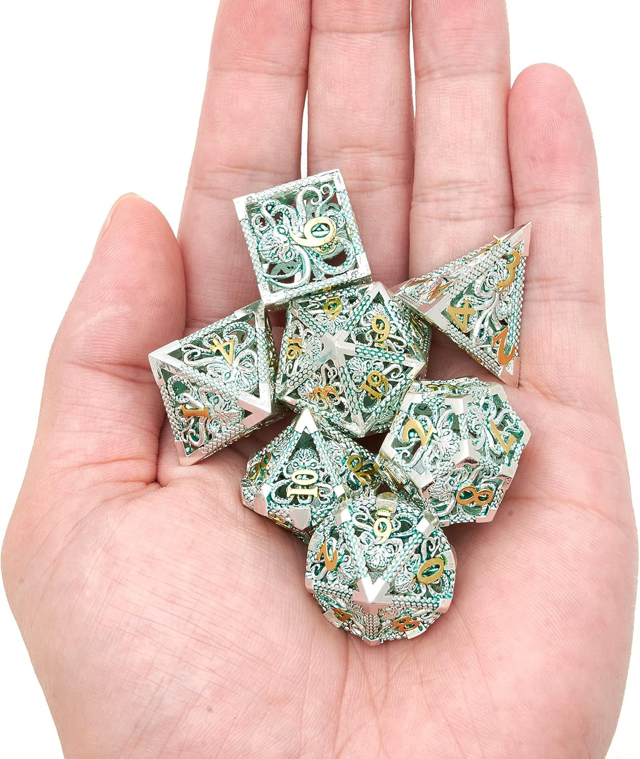 Kraken’s Embrace Hollow Metal Dice Set - Intricate Green Design (7 Dice)