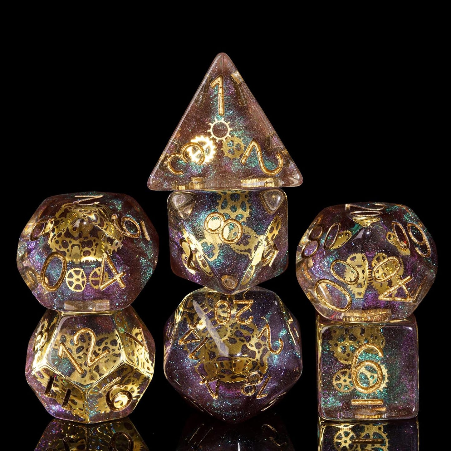 Celestial Clockwork Dice Set - Galaxy and Golden Gears Resin Dice (7 Dice)