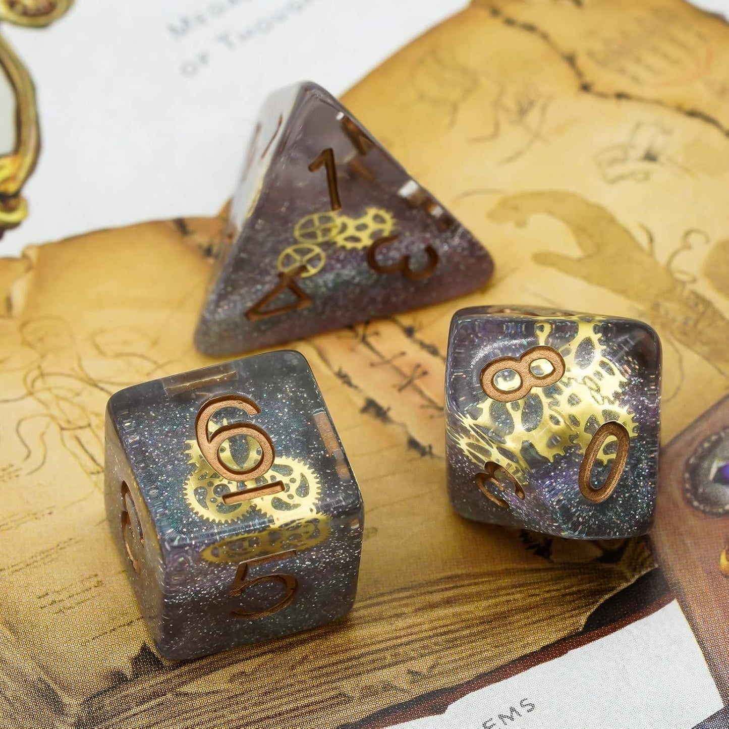 Celestial Clockwork Dice Set - Galaxy and Golden Gears Resin Dice (7 Dice)