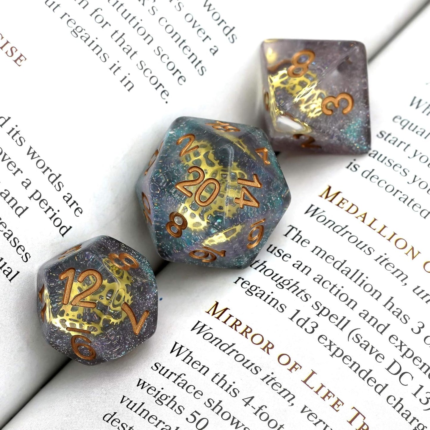 Celestial Clockwork Dice Set - Galaxy and Golden Gears Resin Dice (7 Dice)