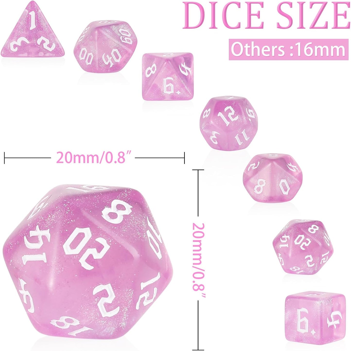 Enchanted Sparkle Dice Set - Pink with Iridescent Glitter (7 Dice)