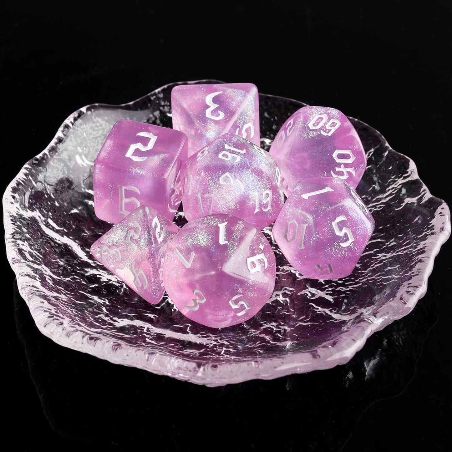 Enchanted Sparkle Dice Set - Pink with Iridescent Glitter (7 Dice)