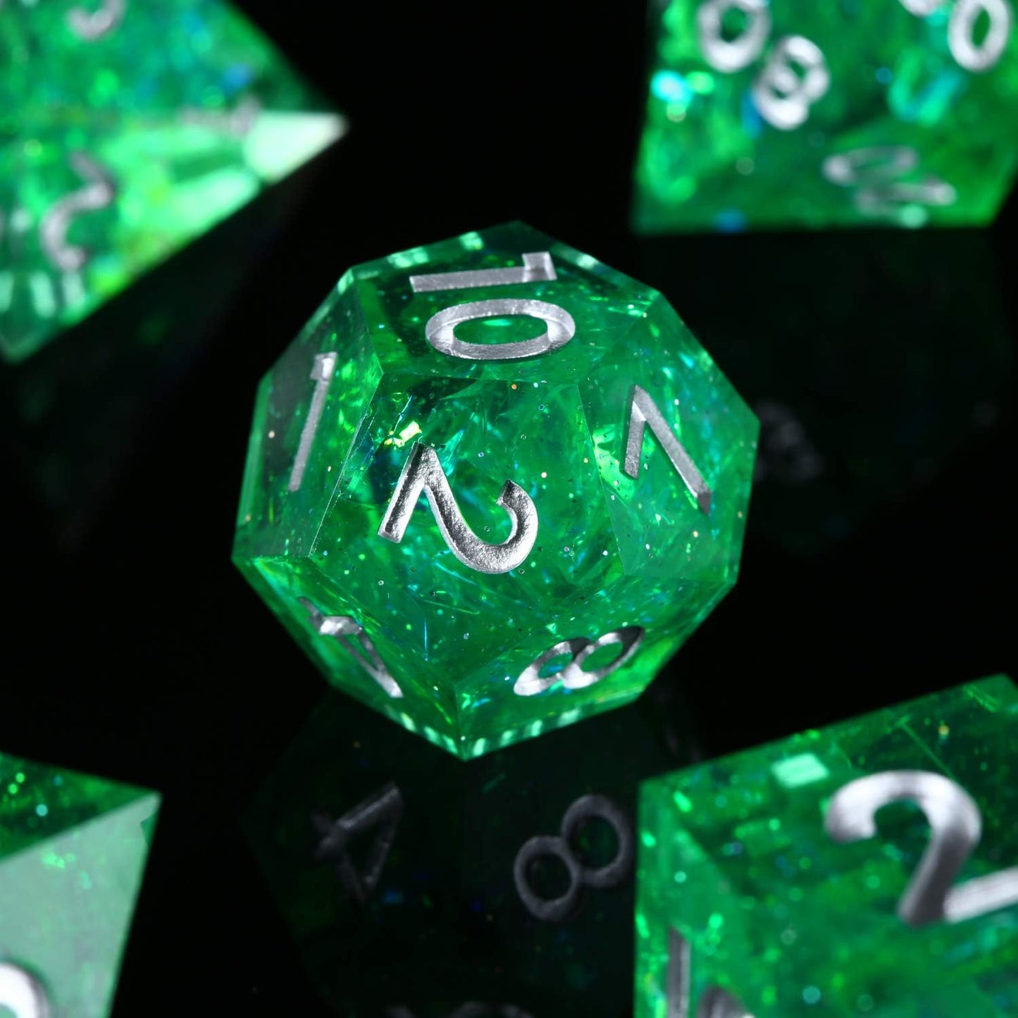 Emerald Dice Set - Sharp Edges for Precise Rolls; Custom Resin Dice Set (7 Dice)