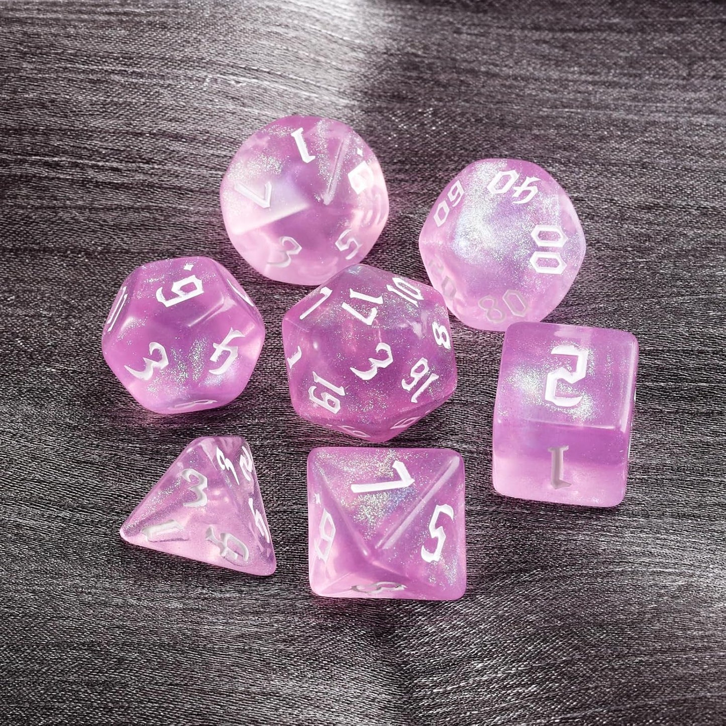 Enchanted Sparkle Dice Set - Pink with Iridescent Glitter (7 Dice)