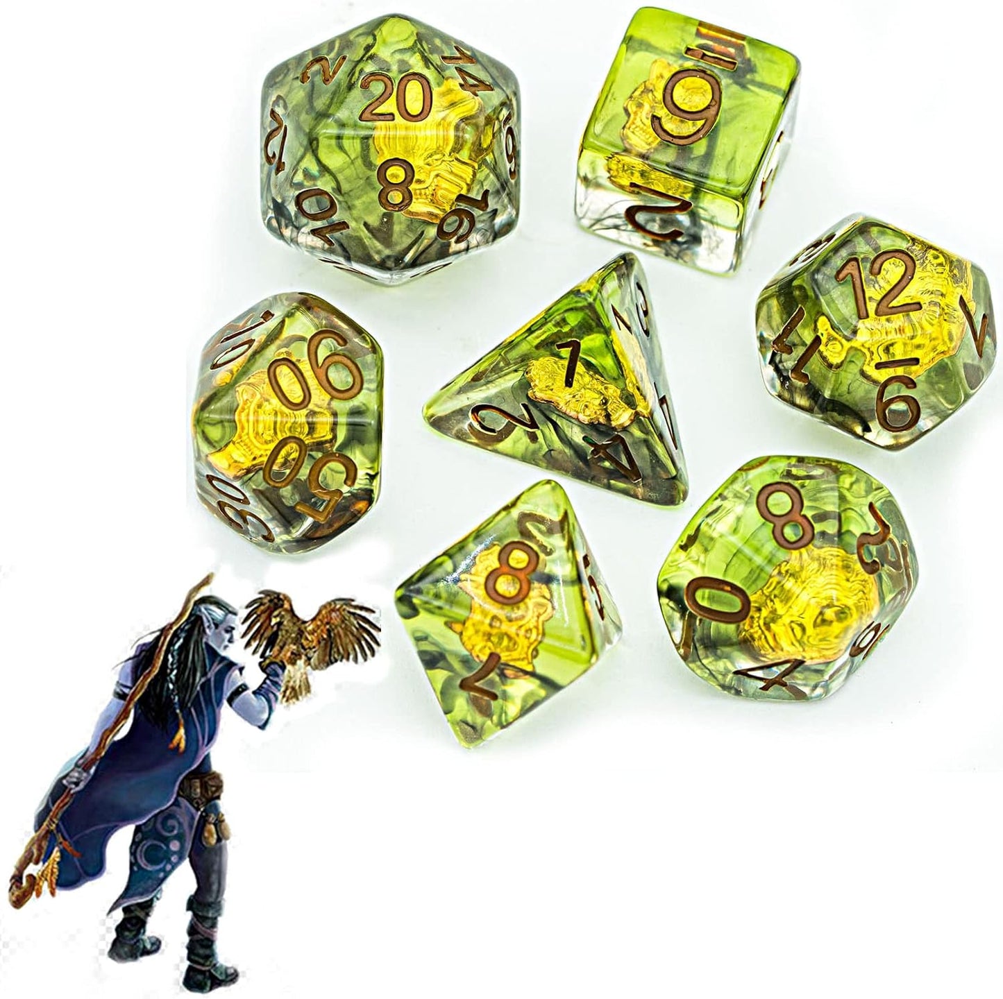 7PCS Polyhedral Dice Set, 7-Die DND Dice Set Filled with Wolf Head for Role Playing Games as Dungeons and Dragons RPG MTG Table Games，D&D (Druid)