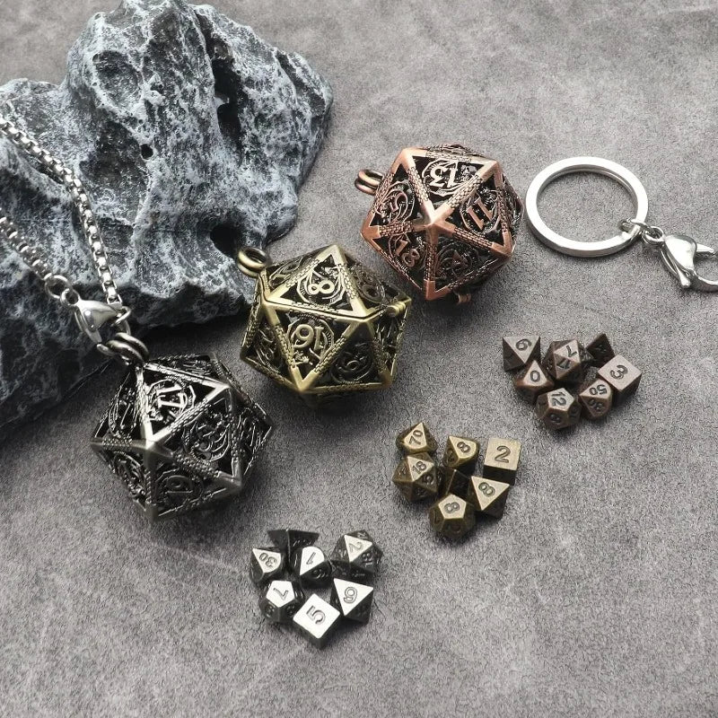 D20 Keychain Necklace w/ Full Dice Set Inside 