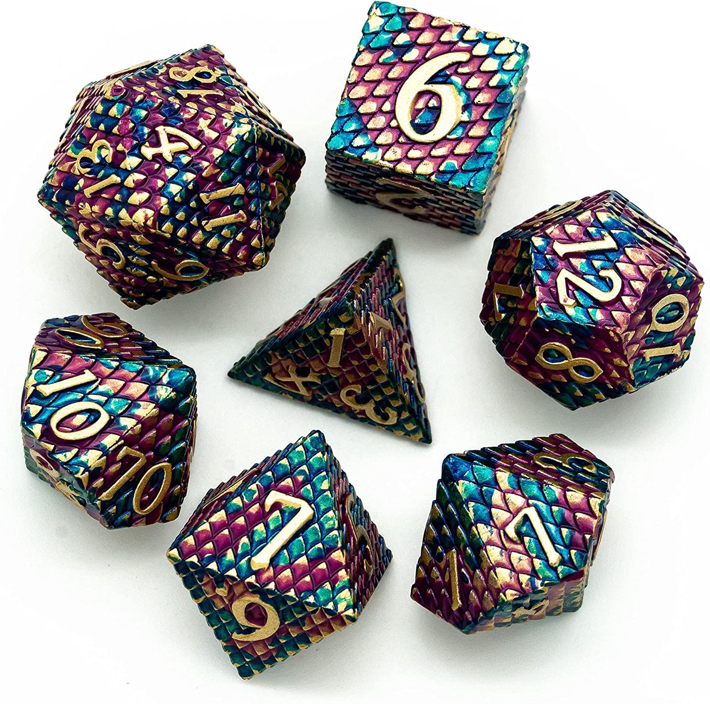 Dragon Scale Dice Set - Purple and Blue Scales with Golden Numbers (7 Dice)