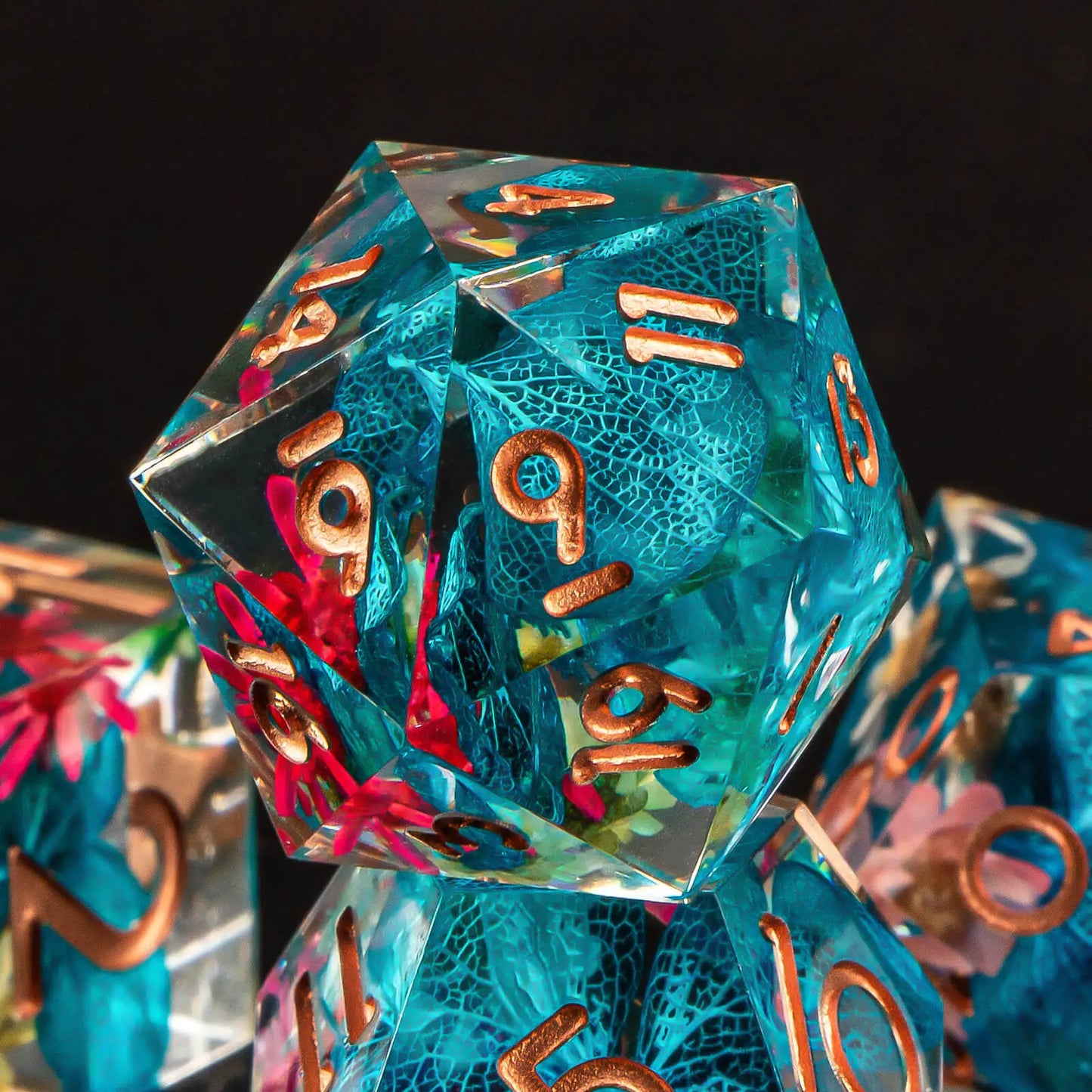 Blue Flower Resin Dice Set - Sharp Edges, Perfect Weight (7 Dice)