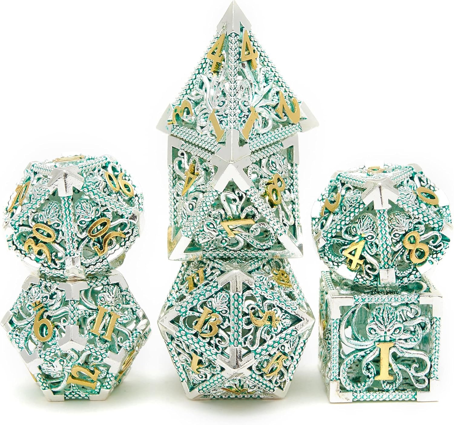 Kraken’s Embrace Hollow Metal Dice Set - Intricate Green Design (7 Dice)