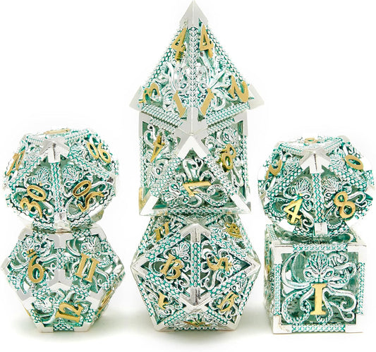 Kraken’s Embrace Hollow Metal Dice Set - Intricate Green Design (7 Dice)