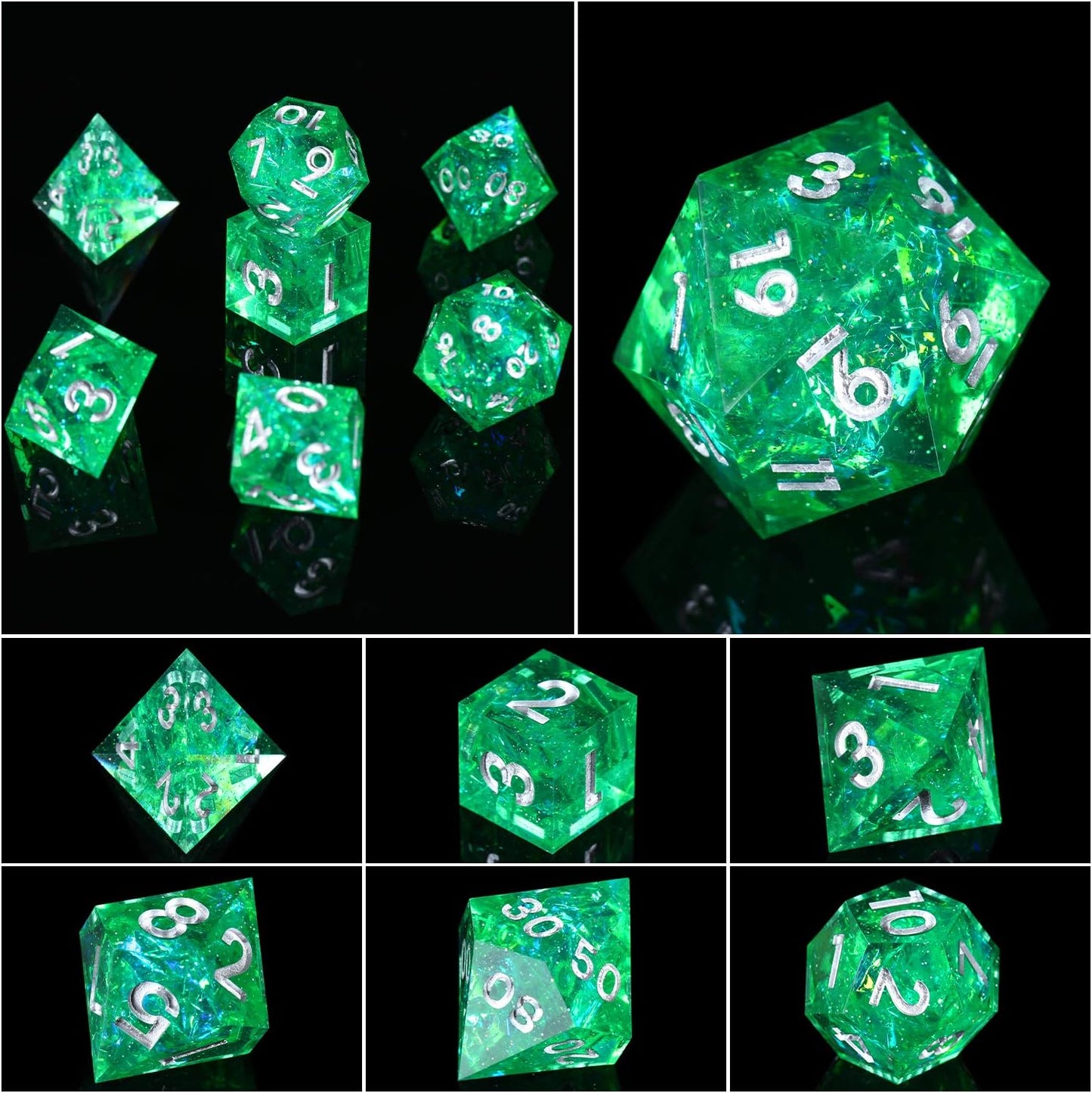 Emerald Dice Set - Sharp Edges for Precise Rolls; Custom Resin Dice Set (7 Dice)