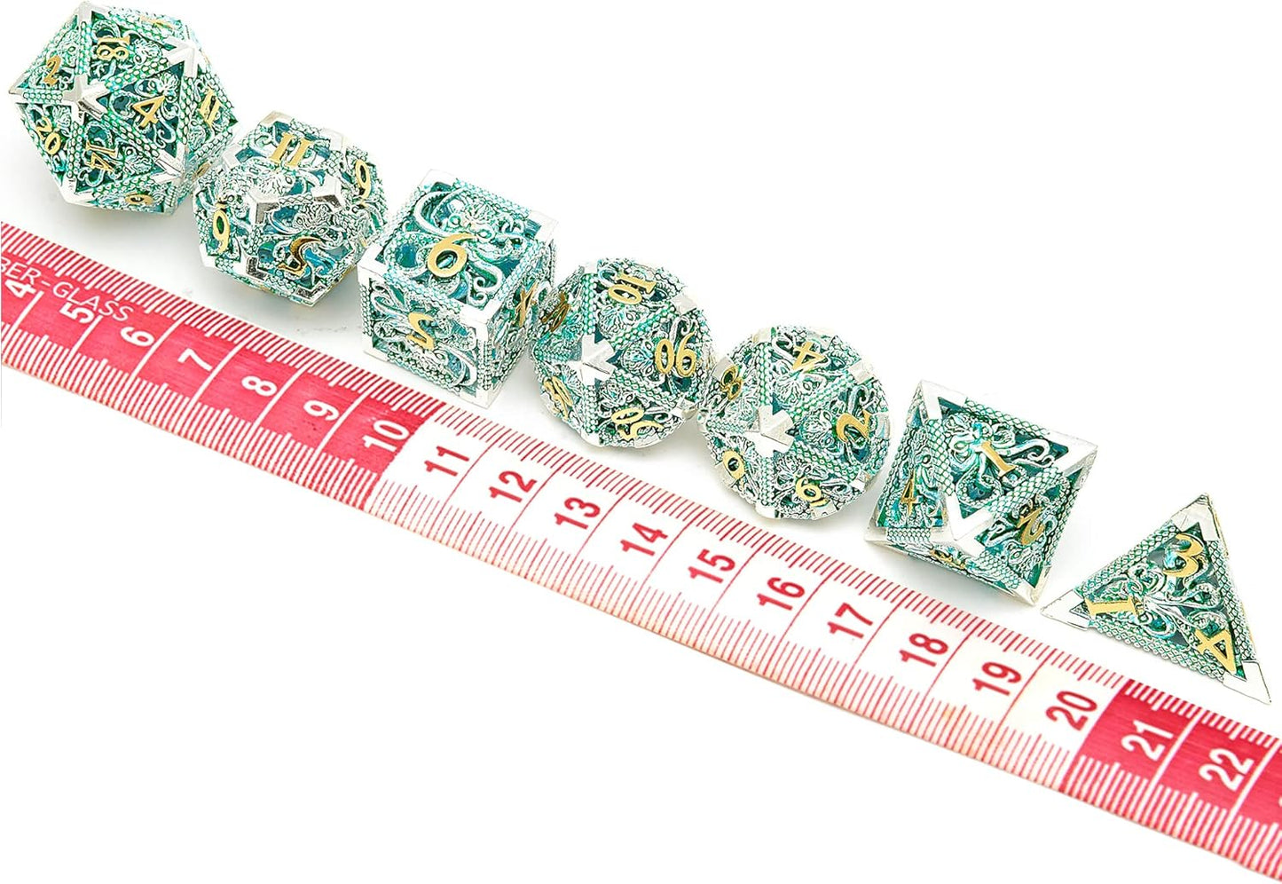 Kraken’s Embrace Hollow Metal Dice Set - Intricate Green Design (7 Dice)