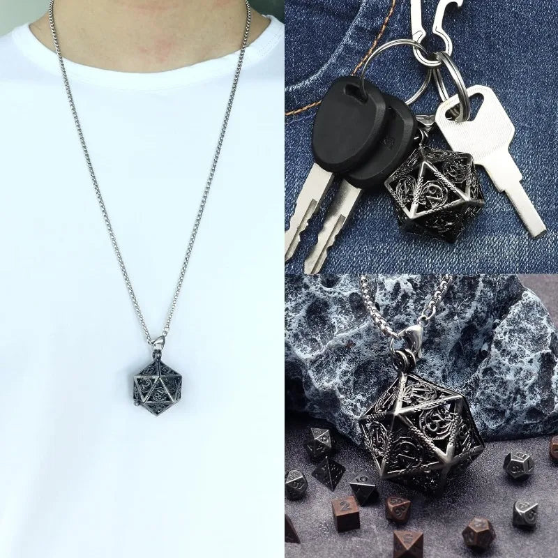 D20 Keychain Necklace w/ Full Dice Set Inside 