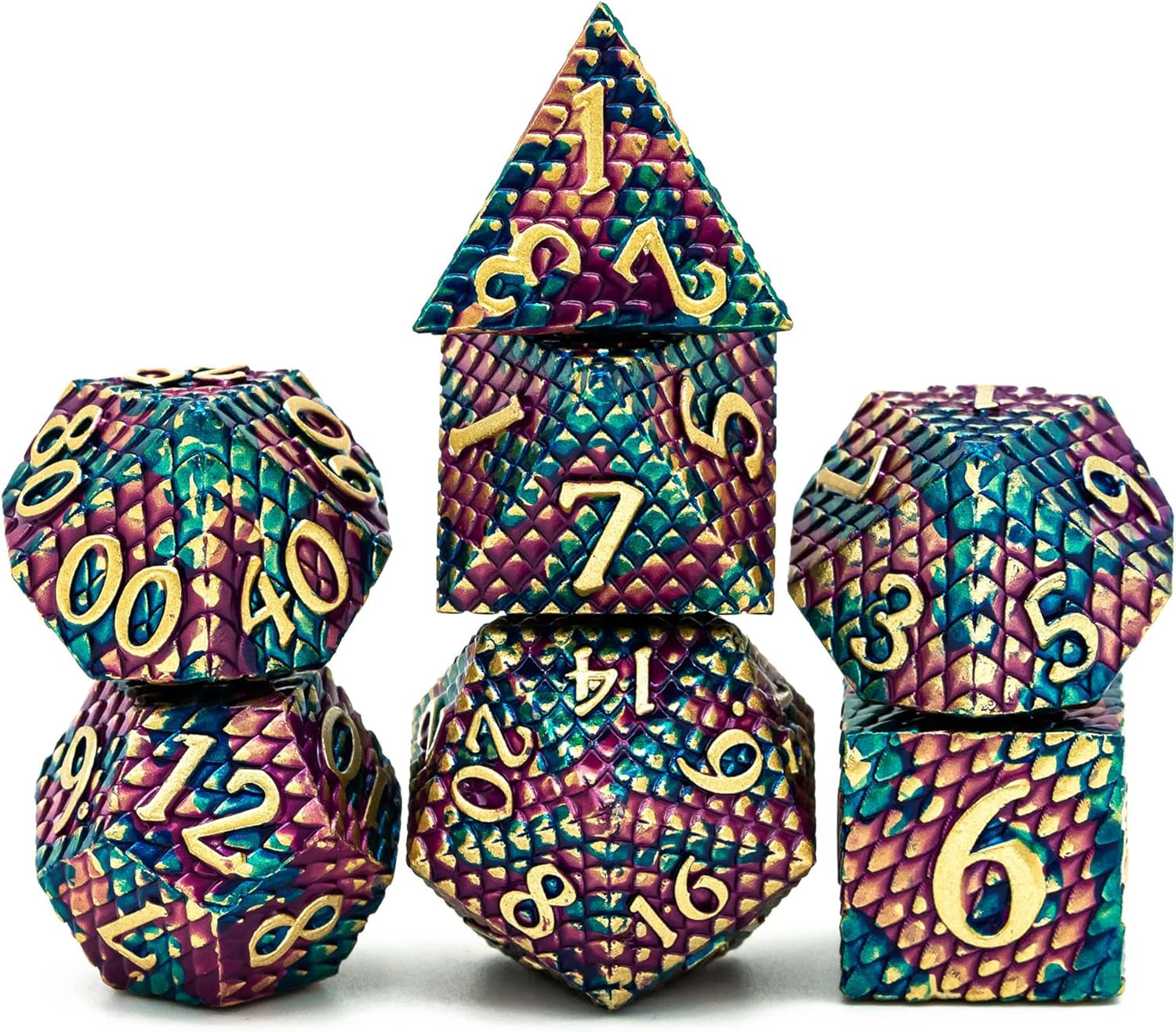 Dragon Scale Dice Set - Purple and Blue Scales with Golden Numbers (7 Dice)