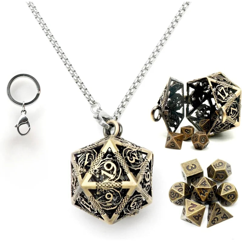 D20 Keychain Necklace w/ Full Dice Set Inside 