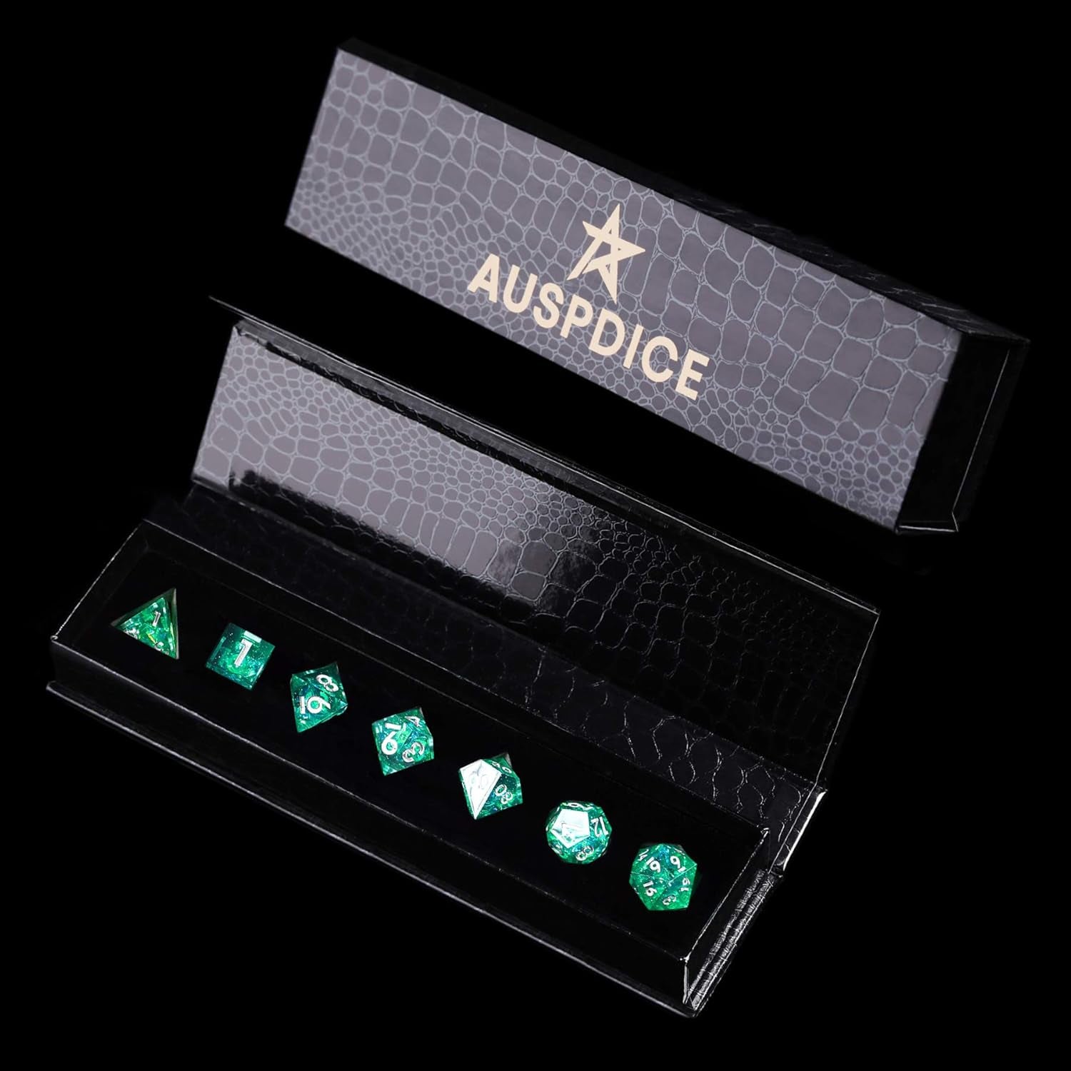 Emerald Dice Set - Sharp Edges for Precise Rolls; Custom Resin Dice Set (7 Dice)