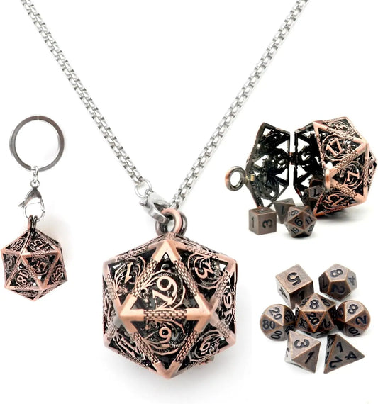 D20 Keychain Necklace w/ Full Dice Set Inside 