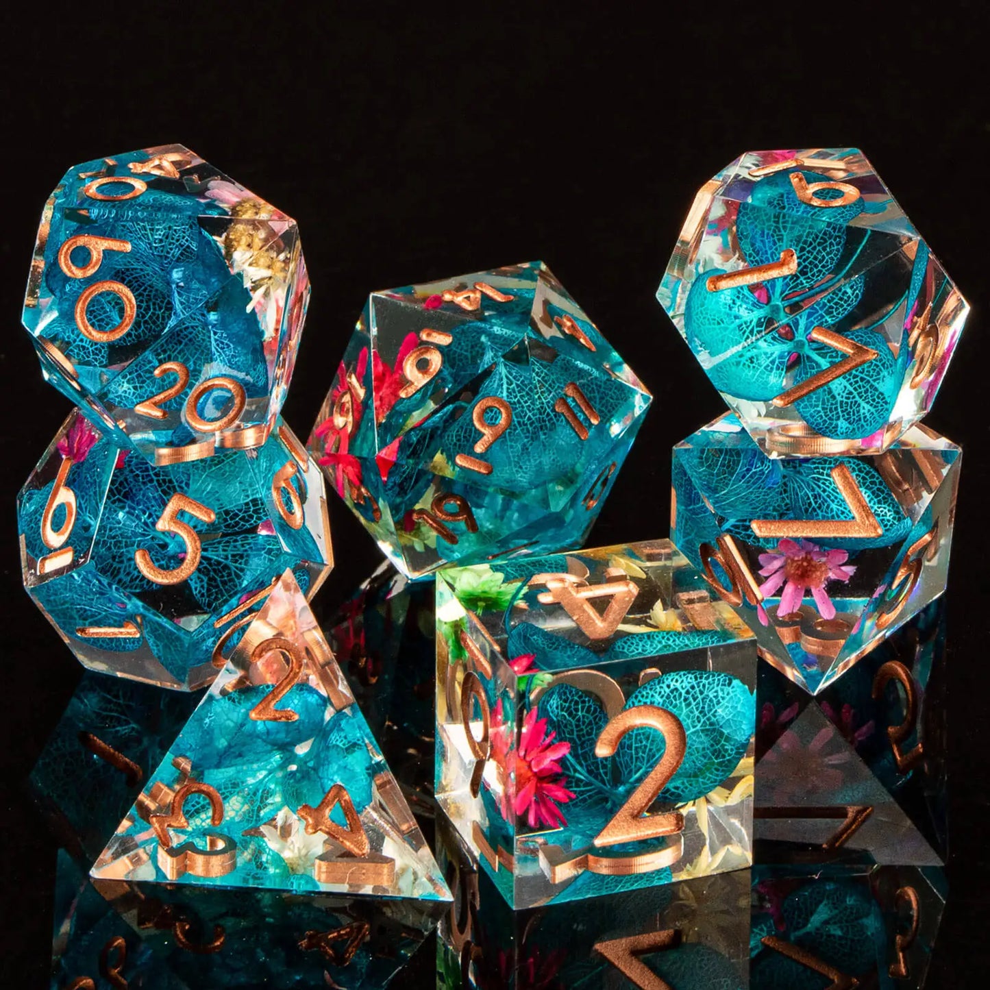 Blue Flower Resin Dice Set - Sharp Edges, Perfect Weight (7 Dice)