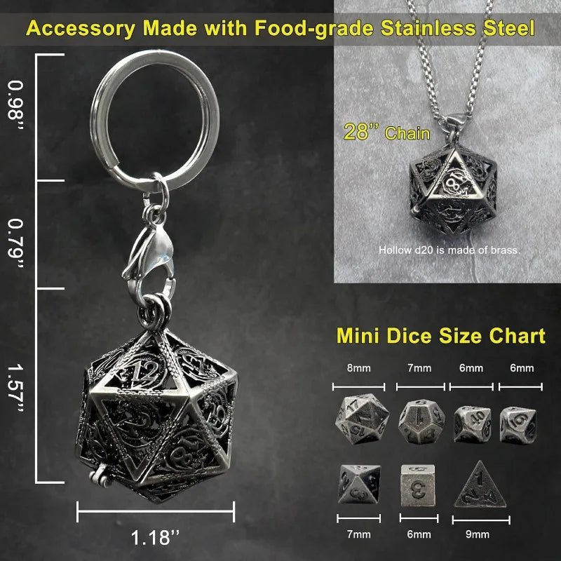 D20 Keychain Necklace w/ Full Dice Set Inside 