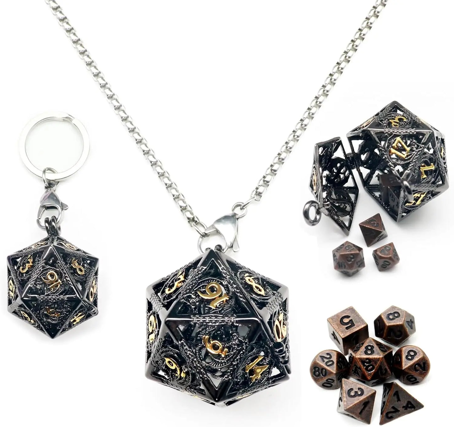 D20 Keychain Necklace w/ Full Dice Set Inside 